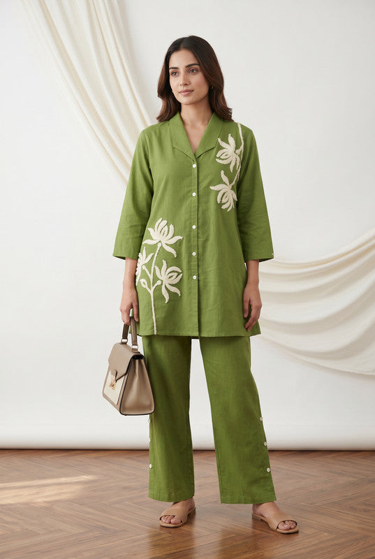 Green Cotton Co-ord Set with Floral Embroidered Top