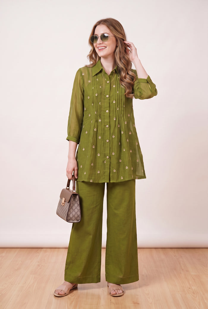 Green Pintuck Mul Chanderi Embroidered Co-ord Set