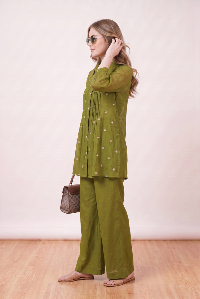 Green Pintuck Mul Chanderi Embroidered Co-ord Set