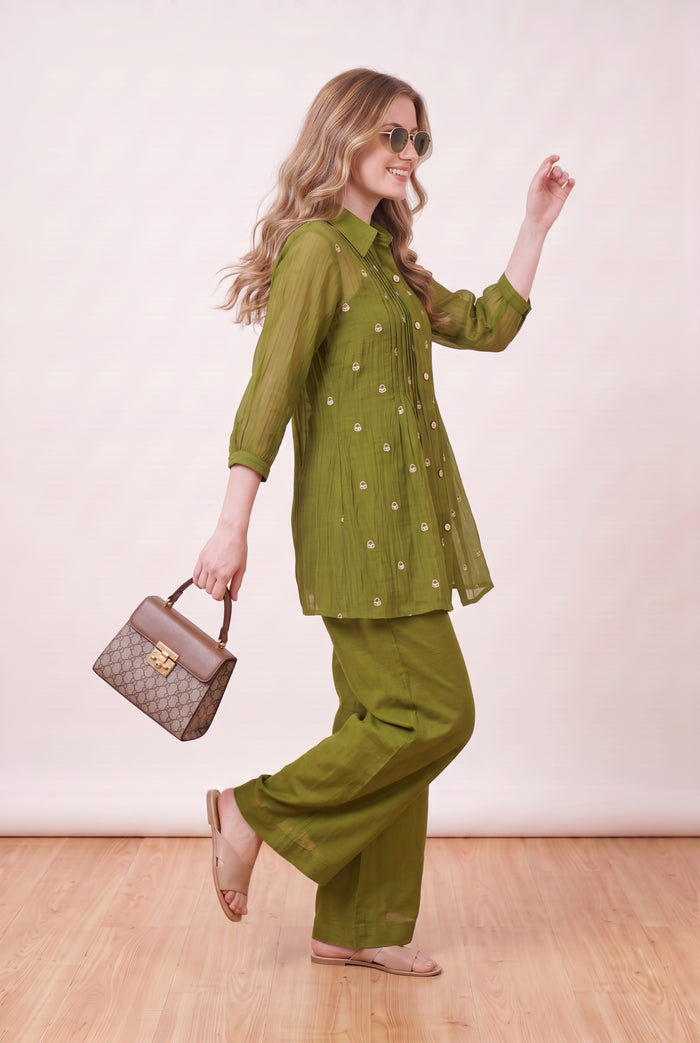 Green Pintuck Mul Chanderi Embroidered Co-ord Set
