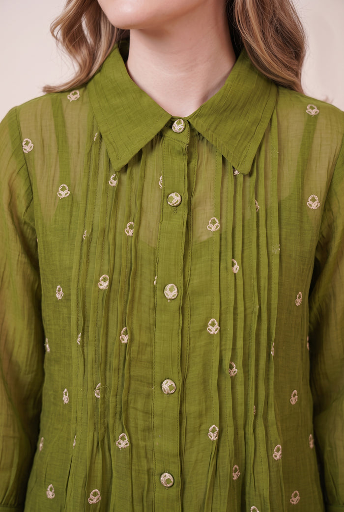Green Pintuck Mul Chanderi Embroidered Co-ord Set