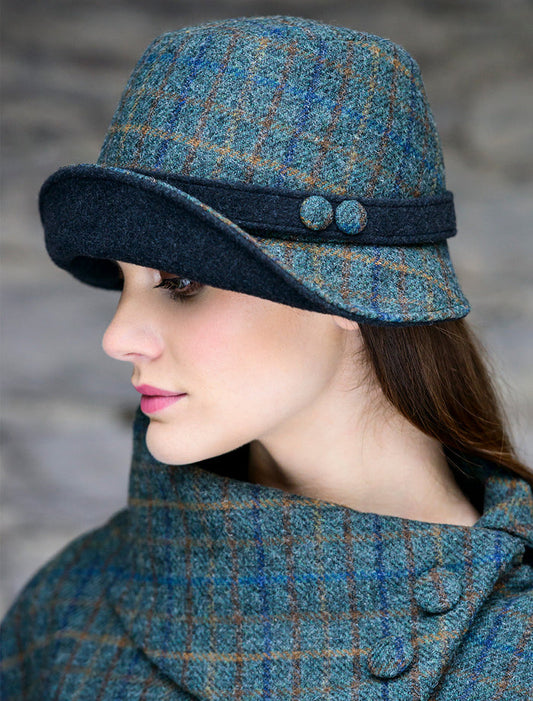 Ladies Tweed Clodagh Hat - Teal & Brown Plaid  #color_teal-brown-plaid
