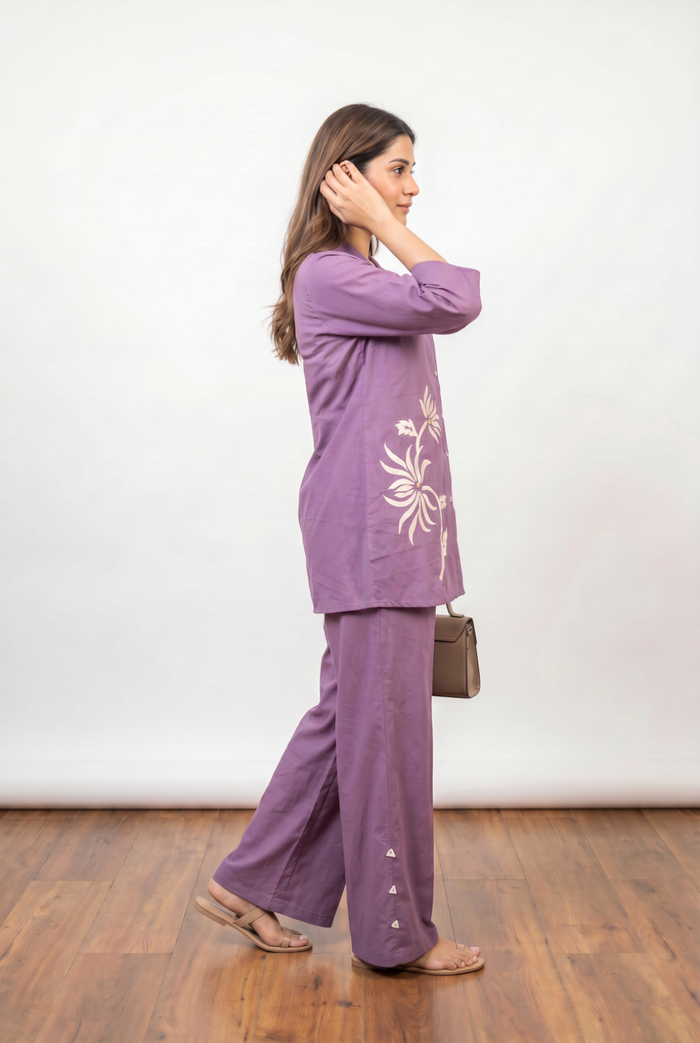 Lavender Floral Embroidery Cotton Flex Co-ord Set