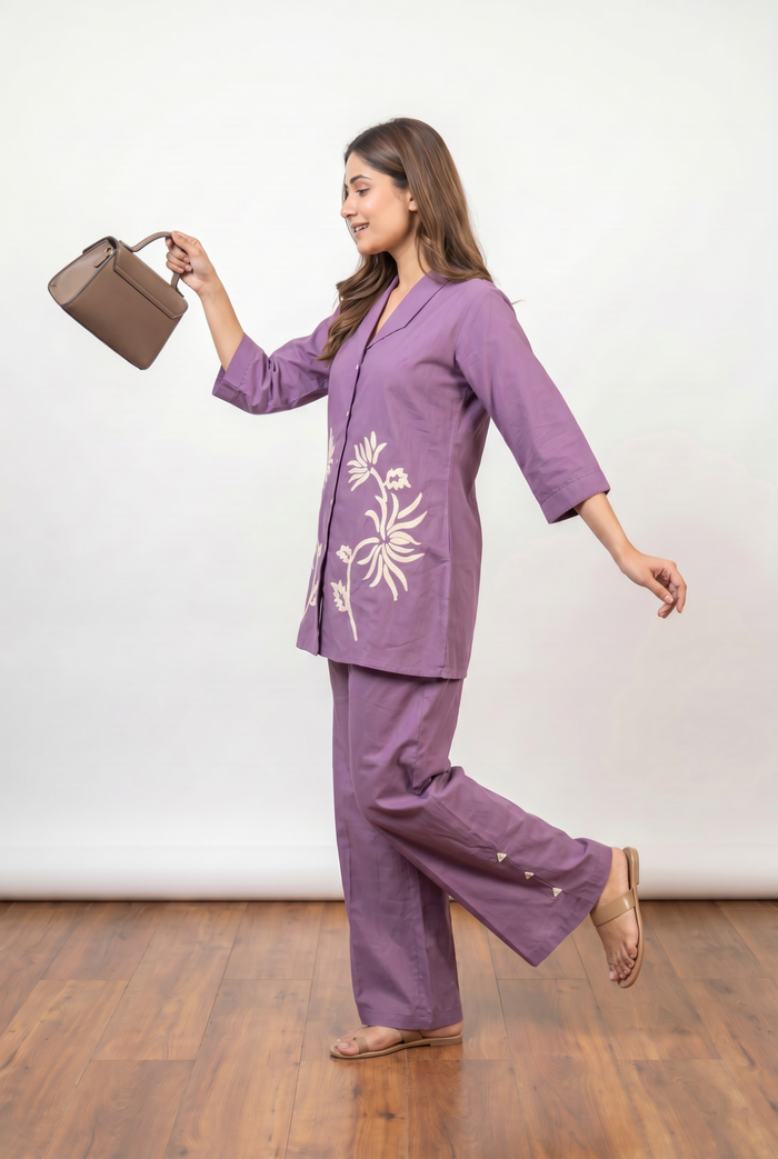 Lavender Floral Embroidery Cotton Flex Co-ord Set