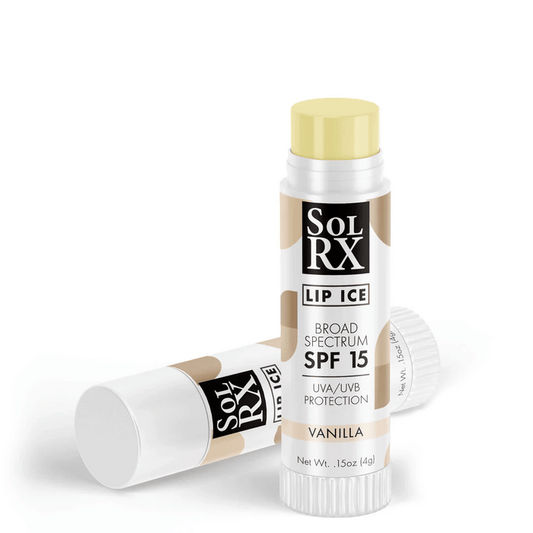 Two tubes of Lip Ice SPF 15 Lip Balm | SolRX in vanilla flavor, featuring broad spectrum UVA/UVB protection, with one tube open showing the pale yellow balm.