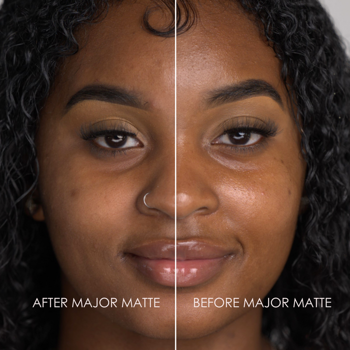 Model with deep skin tone showing half face with Pink Lipps Major Matte Primer applied vs. untreated side – inclusive for all skin tones.