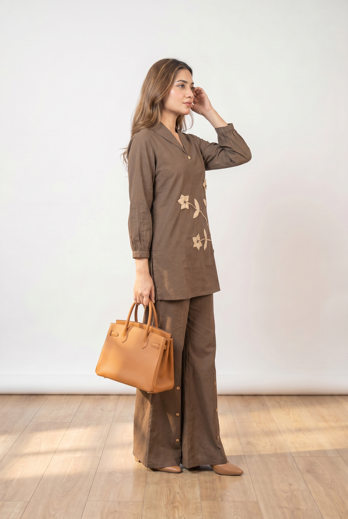 Mocha Floral Appliqué Cotton Co-ord Set