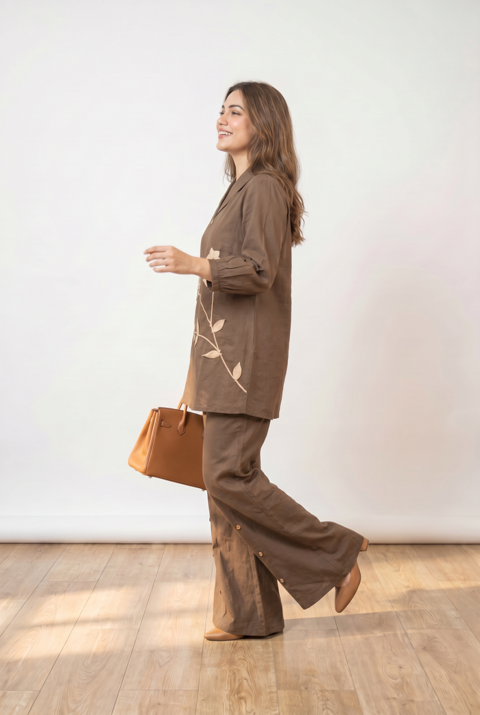 Mocha Floral Appliqué Cotton Co-ord Set