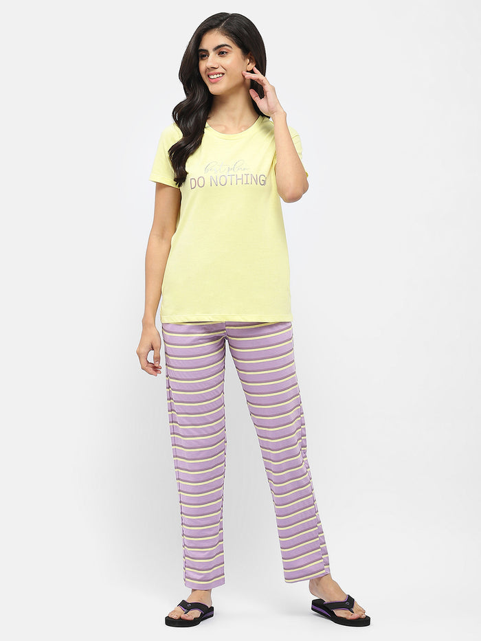 Msecret Typography T-Shirt With Striped Pajama Lime Green Nightsuit
