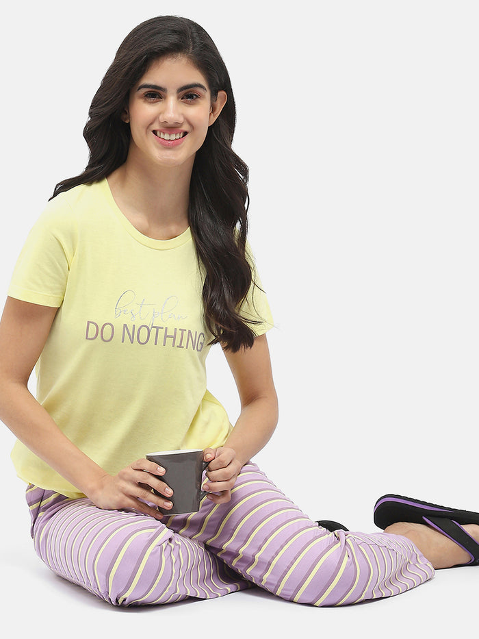 Msecret Typography T-Shirt With Striped Pajama Lime Green Nightsuit