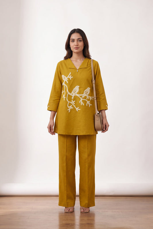 Mustard Bird Embroidered Cotton Flex Co-ord Set with V-Neck Lapel Collar Tunic and Straight-Fit Pants