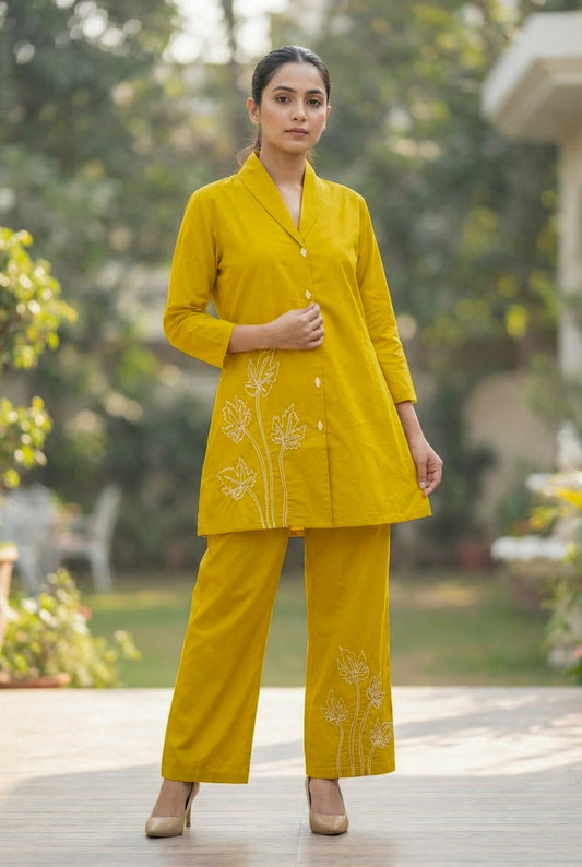 Mustard Sunbeam Leaf Embroidered Button-Down Cotton Co-ord Set