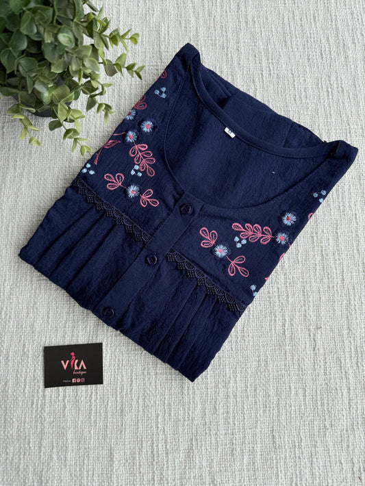 Neck emb Crush cotton nighty-Midnight Blue