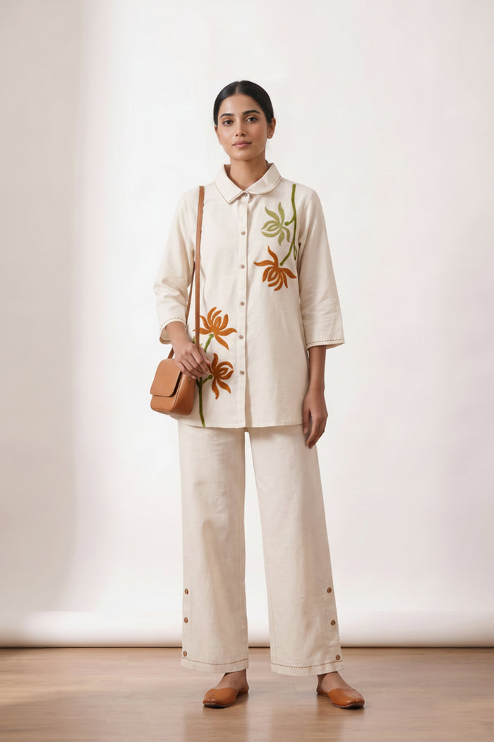 Off-White Floral Embroidered Cotton Flex Co-ord Set