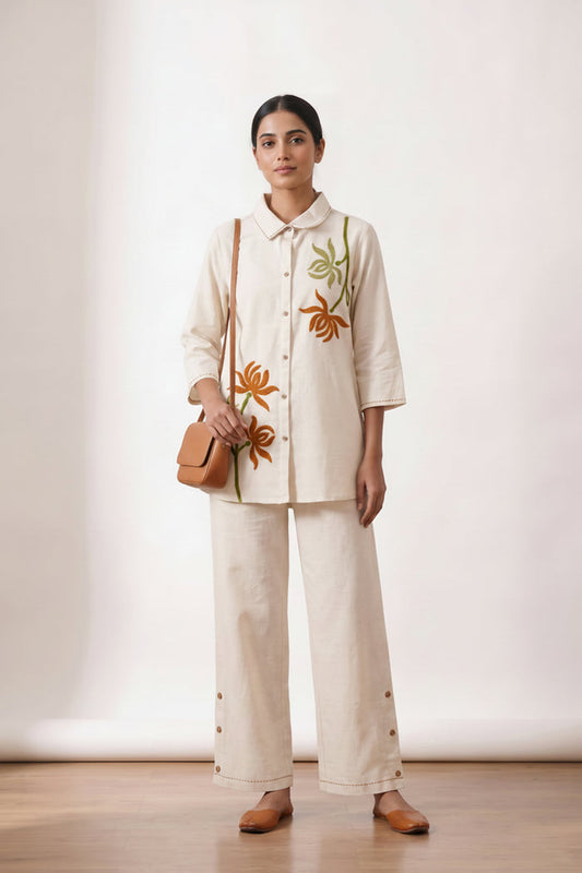 Off-White Floral Embroidered Cotton Flex Co-ord Set