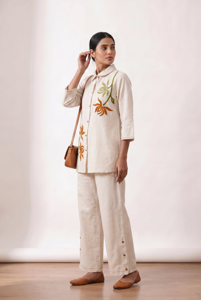 Off-White Floral Embroidered Cotton Flex Co-ord Set