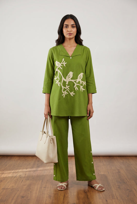 Olive Green Bird Embroidered Cotton Flex Co-ord Set with V-Neck Lapel Collar