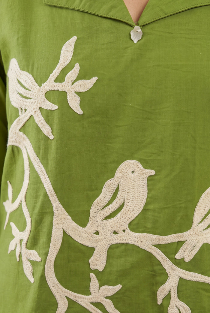 Olive Green Bird Embroidered Cotton Flex Co-ord Set with V-Neck Lapel Collar