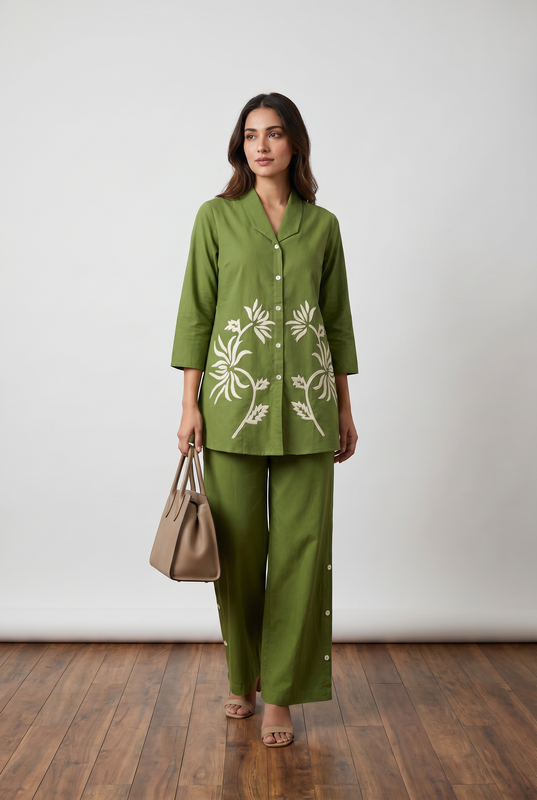 Olive Green Floral Embroidery Cotton Flex Co-ord Set