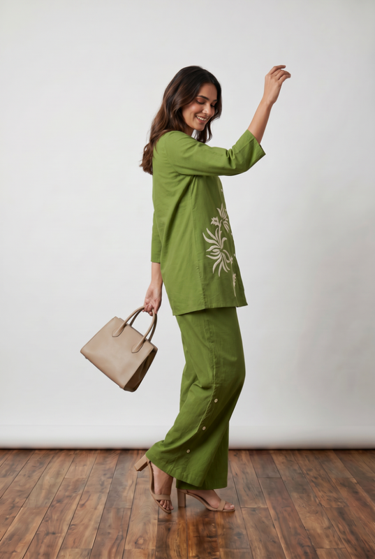 Olive Green Floral Embroidery Cotton Flex Co-ord Set