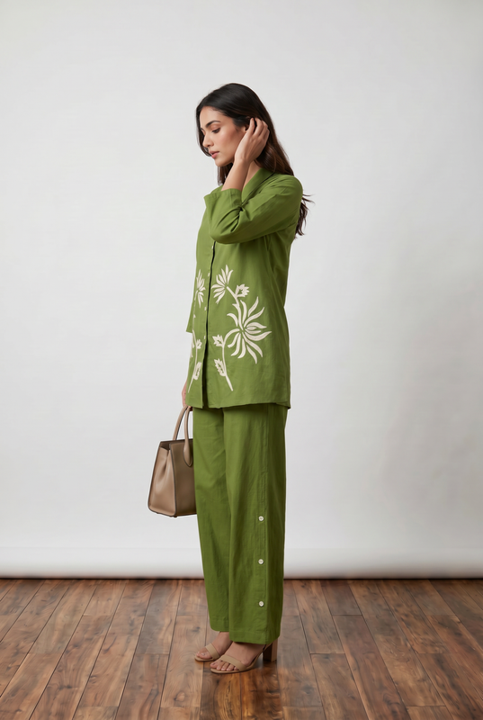 Olive Green Floral Embroidery Cotton Flex Co-ord Set