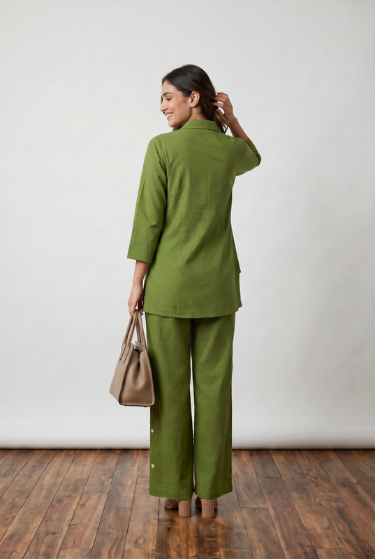 Olive Green Floral Embroidery Cotton Flex Co-ord Set