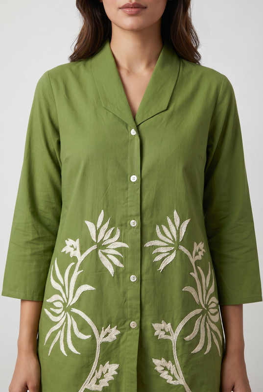Olive Green Floral Embroidery Cotton Flex Co-ord Set