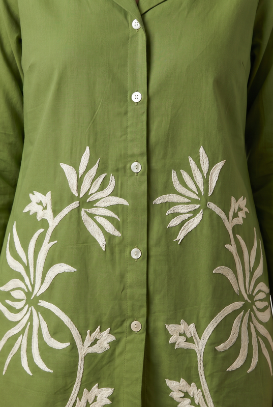 Olive Green Floral Embroidery Cotton Flex Co-ord Set