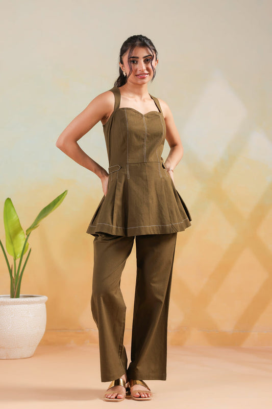 Olive Solid Cotton Flex Structured Peplum Designer Co-ord Set with Straight Pants