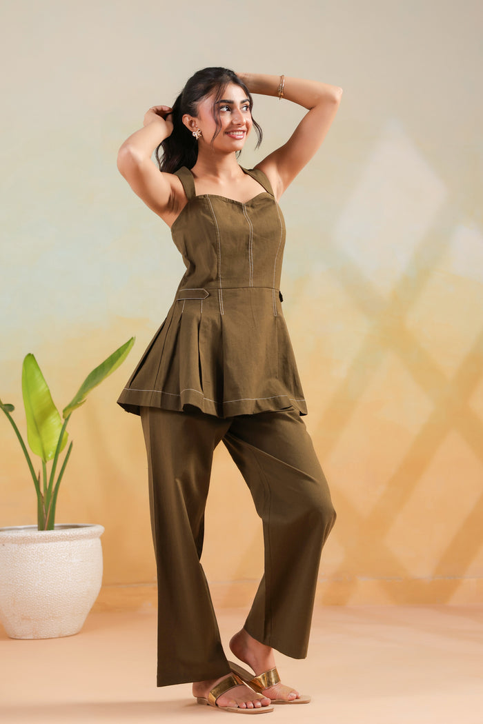 Olive Solid Cotton Flex Structured Peplum Designer Co-ord Set with Straight Pants