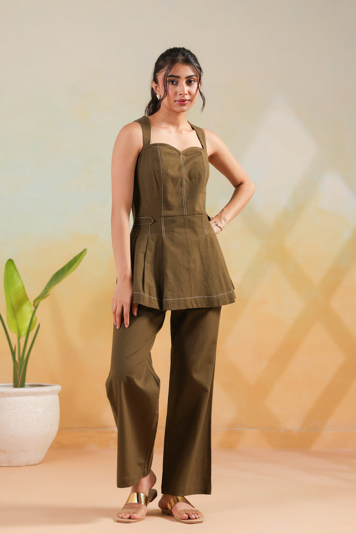 Olive Solid Cotton Flex Structured Peplum Designer Co-ord Set with Straight Pants