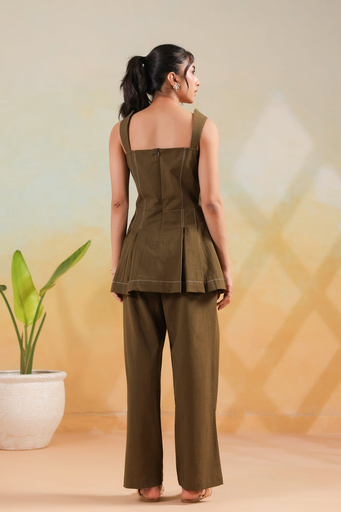 Olive Solid Cotton Flex Structured Peplum Designer Co-ord Set with Straight Pants
