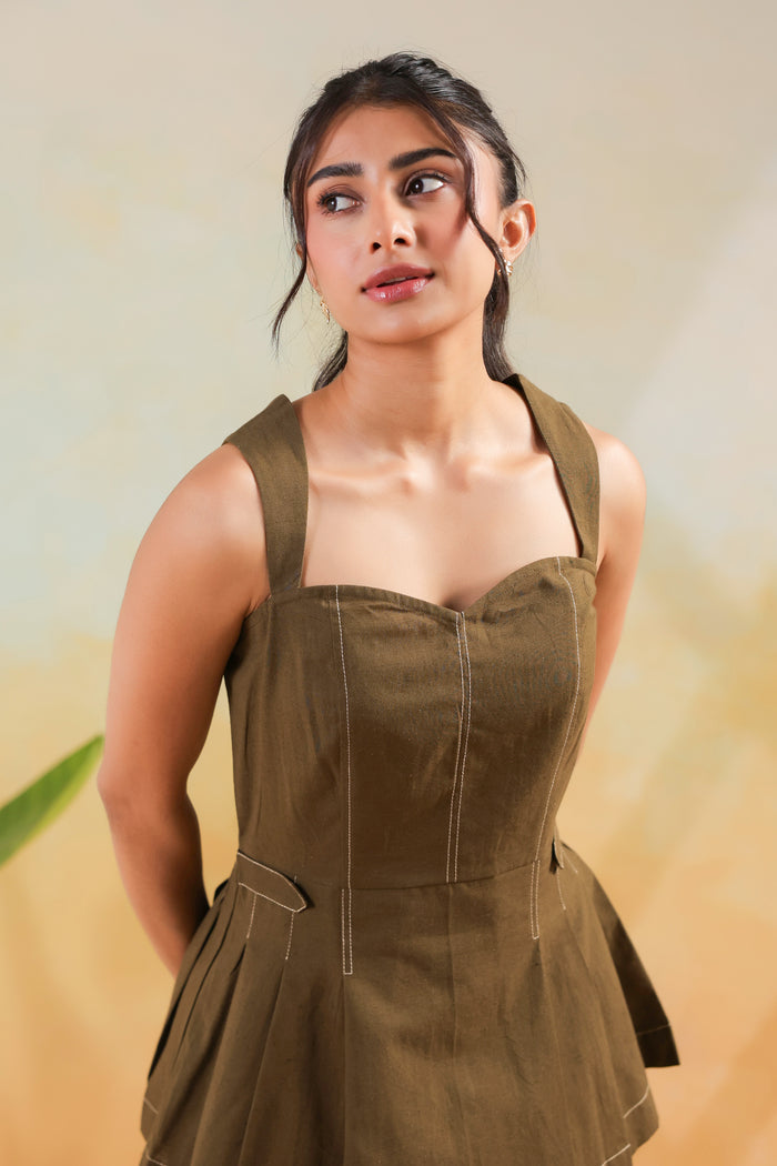 Olive Solid Cotton Flex Structured Peplum Designer Co-ord Set with Straight Pants