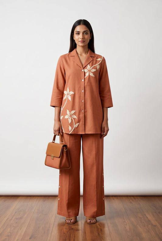 Peach Floral Embroidered Cotton Co-ord Set