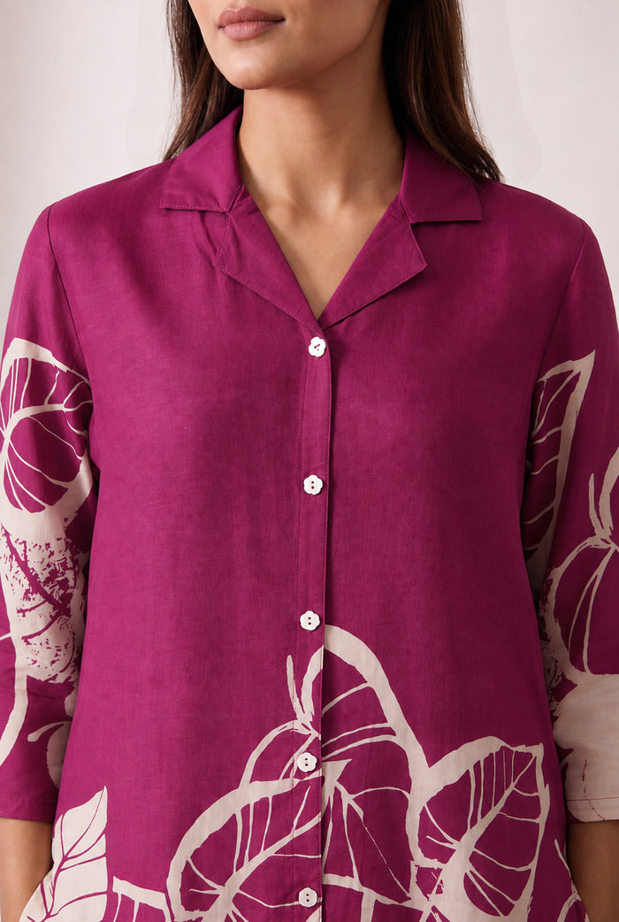 Pink Leafy Floral Printed Russian Silk Co-ord Set
