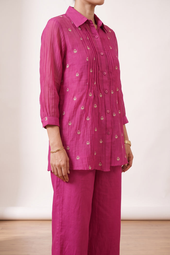 Pink Pintuck Embroidered Mul Chanderi Co-ord Set