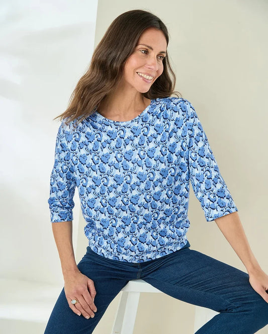 Printed Pure Cotton 3/4 Sleeve Blouson Top - Margot