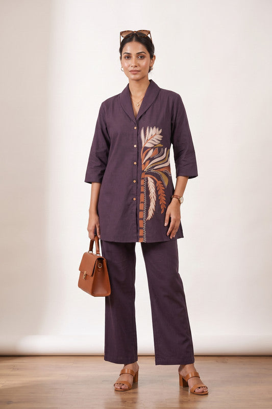 Purple Deep Plum Botanical Embroidered Cotton Flex Shirt & Trouser Co-ord Set for Women