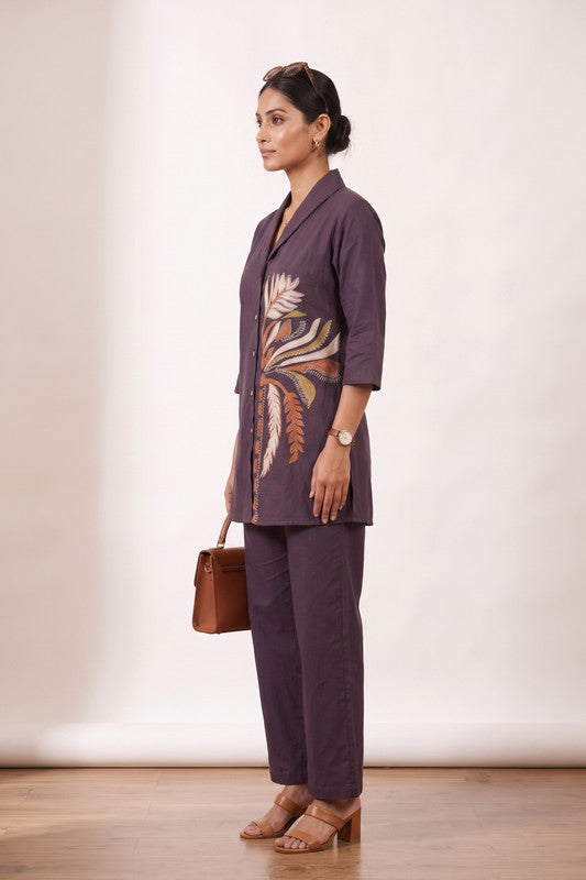 Purple Deep Plum Botanical Embroidered Cotton Flex Shirt & Trouser Co-ord Set for Women
