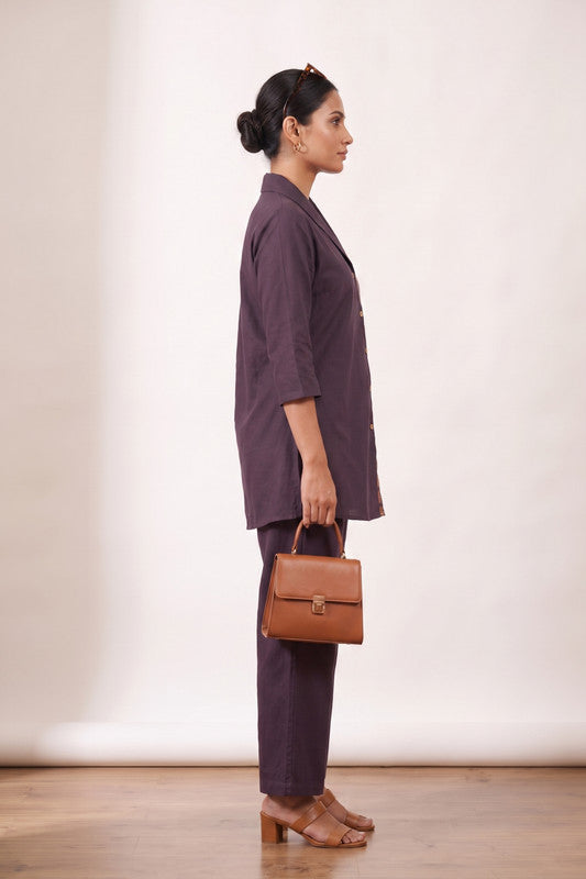 Purple Deep Plum Botanical Embroidered Cotton Flex Shirt & Trouser Co-ord Set for Women