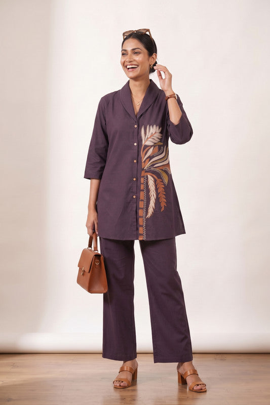Purple Deep Plum Botanical Embroidered Cotton Flex Shirt & Trouser Co-ord Set for Women