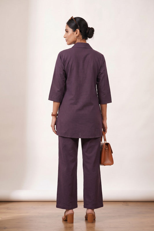 Purple Deep Plum Botanical Embroidered Cotton Flex Shirt & Trouser Co-ord Set for Women