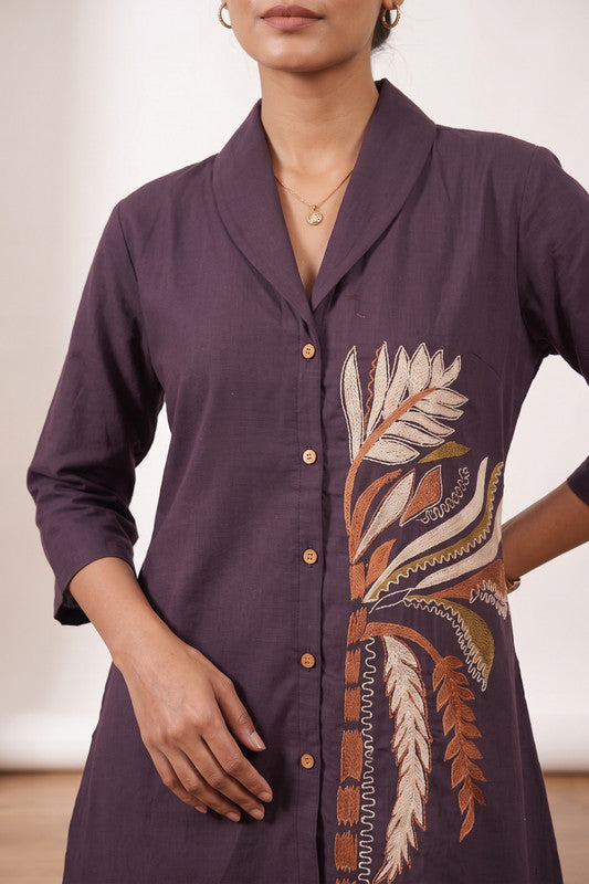 Purple Deep Plum Botanical Embroidered Cotton Flex Shirt & Trouser Co-ord Set for Women