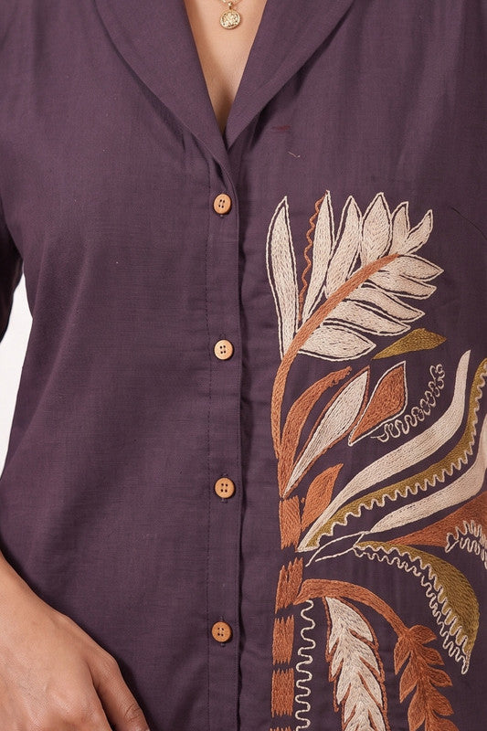 Purple Deep Plum Botanical Embroidered Cotton Flex Shirt & Trouser Co-ord Set for Women