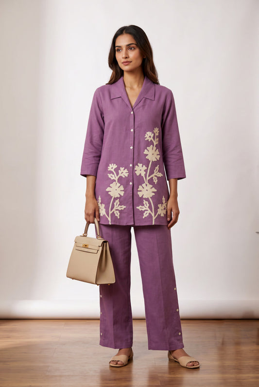 Purple Floral Button-Down Embroidery Casual Cotton Flex Co-ord Set with Straight Pants