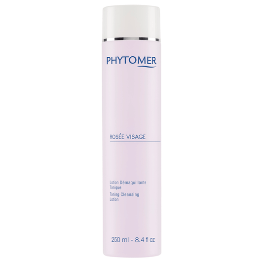 Bottle of Rosée Visage (Toning Cleansing Lotion) | Phytomer in pale pink with white cap, designed for skincare cleansing and toning.