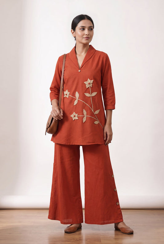 Rust Orange Floral V-Neck Embroidered Cotton Co-ord Set for Casual & Festive Wear