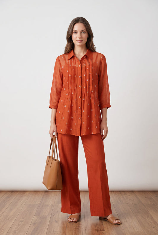Rust Orange Pintuck Mul Chanderi Embroidered Co-ord Set