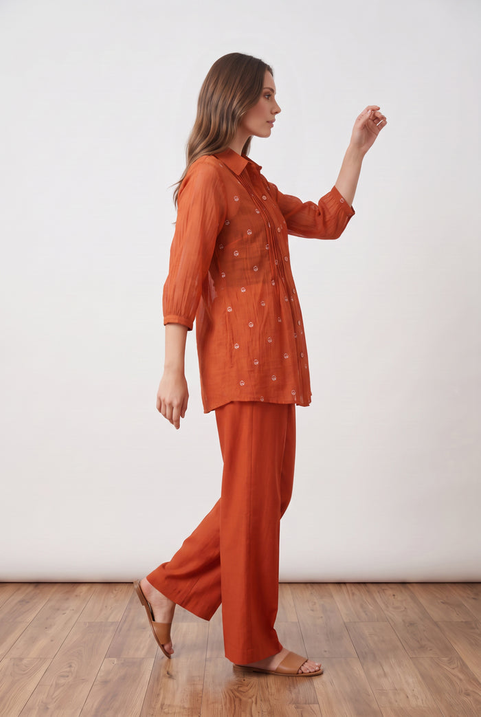 Rust Orange Pintuck Mul Chanderi Embroidered Co-ord Set