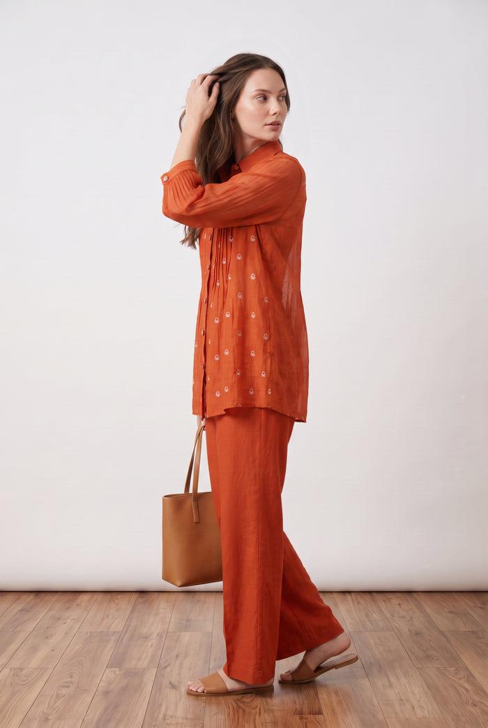 Rust Orange Pintuck Mul Chanderi Embroidered Co-ord Set